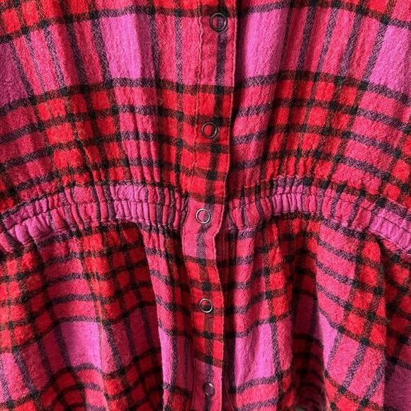 We the Free People Pacific Dawn Plaid Peplum Blouse Size Medium Pink & Red - Picture 7 of 12